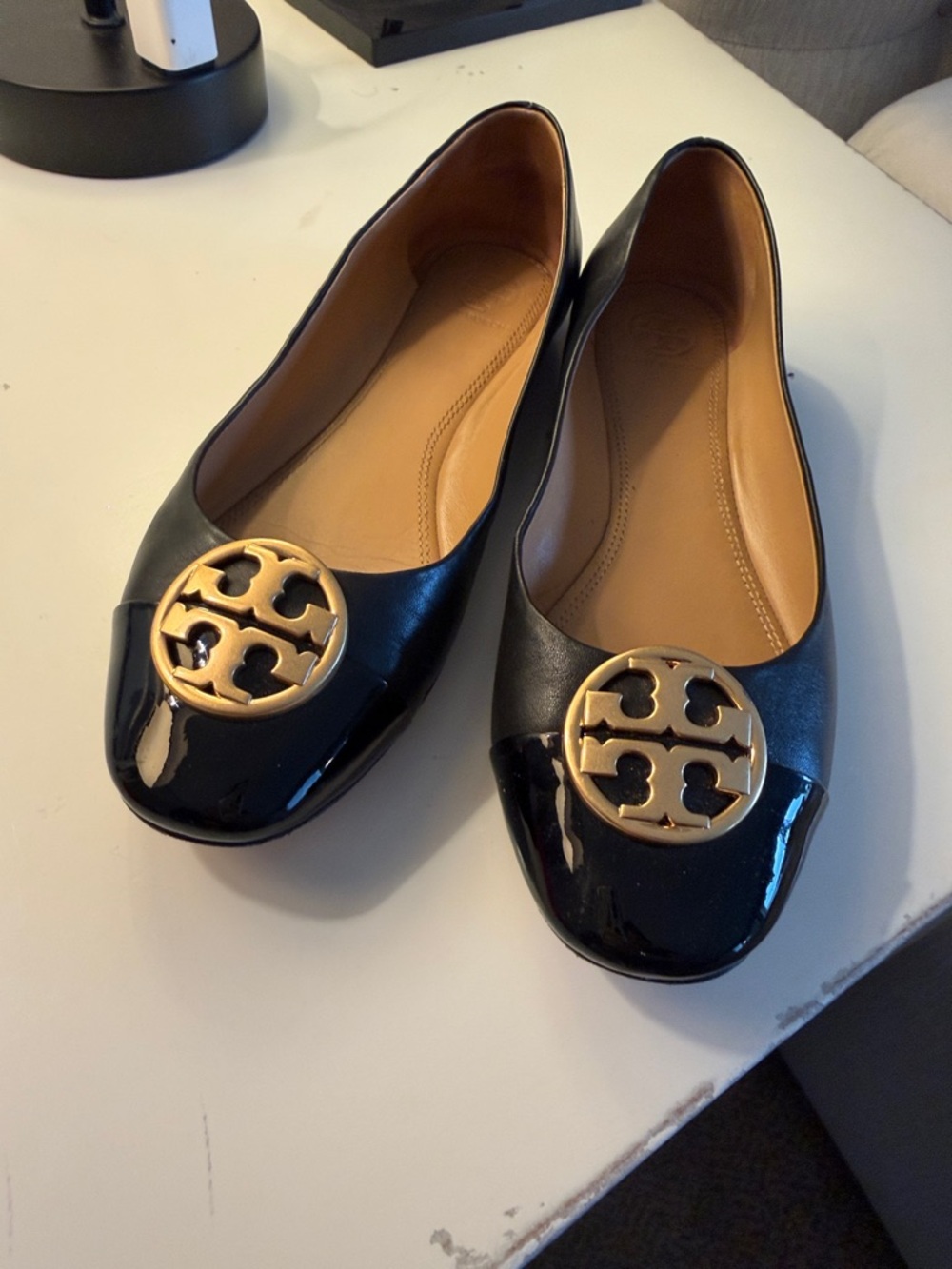 Tory Burch Black Patent Leather Logo Medallion Ballet Flats